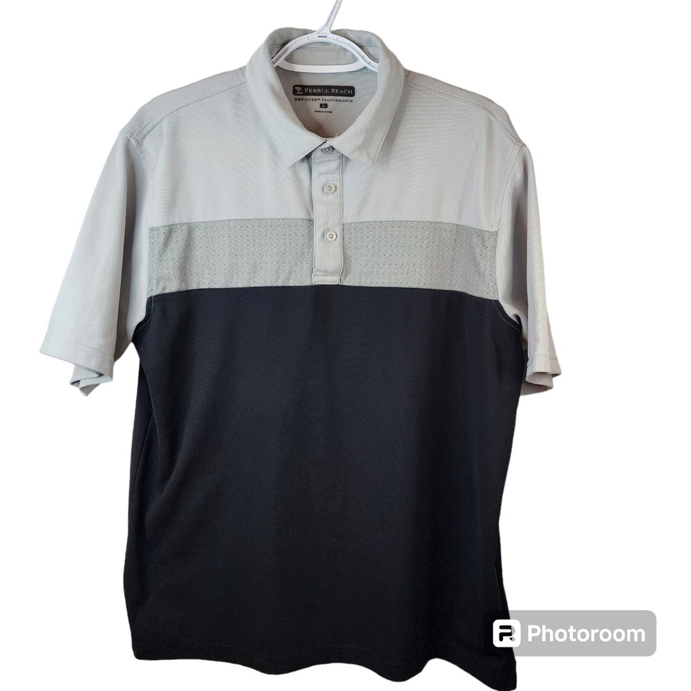 Pebble Beach Polo Mens L Dry Luxe Performance Sports Short Sleeve Black Gray